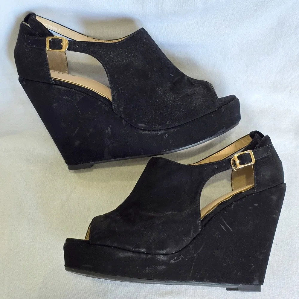 Ashley A Women Size 7 Wedge Sandals Black Faux Suede Platform Ankle Strap Heel